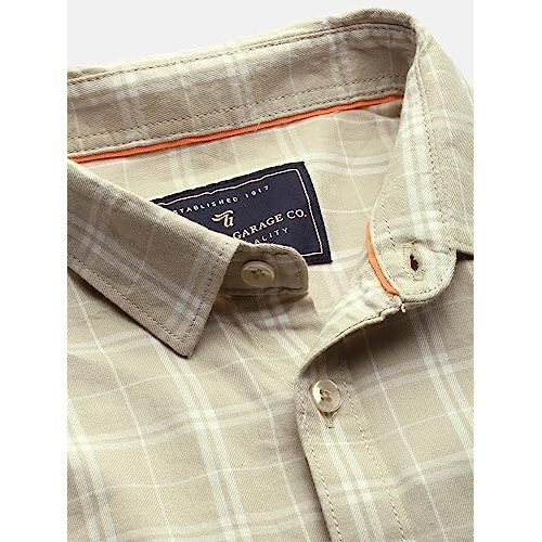 The Indian Garage Co Men's Checkered Slim Shirt (0620-Sh45-04_Light Beige Large)