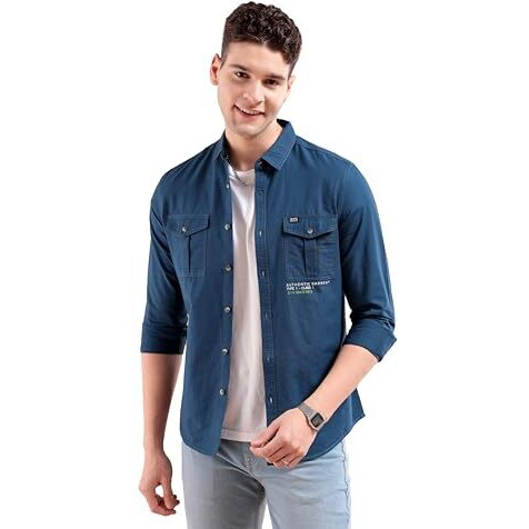 The Indian Garage Co Men's Geometric Slim Shirt (1220-Shstr71-04_Teal Medium)