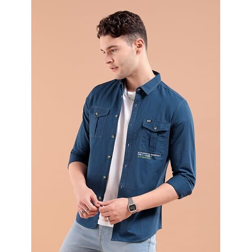 The Indian Garage Co Men's Geometric Slim Shirt (1220-Shstr71-04_Teal Medium)
