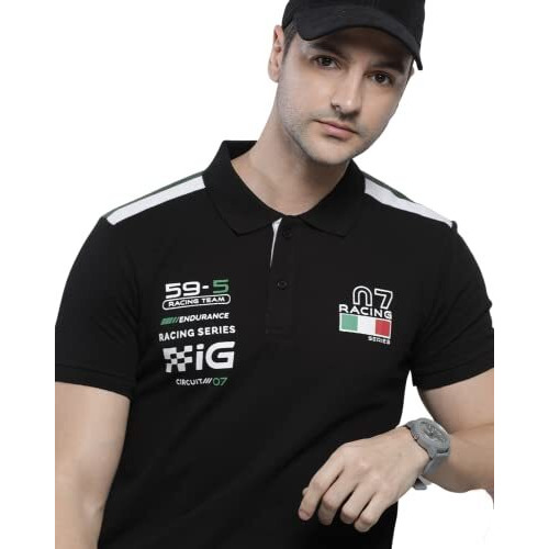 The Indian Garage Co Men Slim Fit Solid Polo Collar Tshirt Black