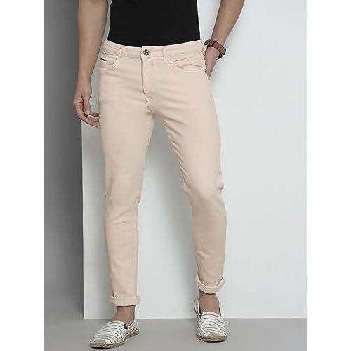 The Indian Garage Co Men Slim Fit Solid Mid-Rise Stretchable Jeans Beige