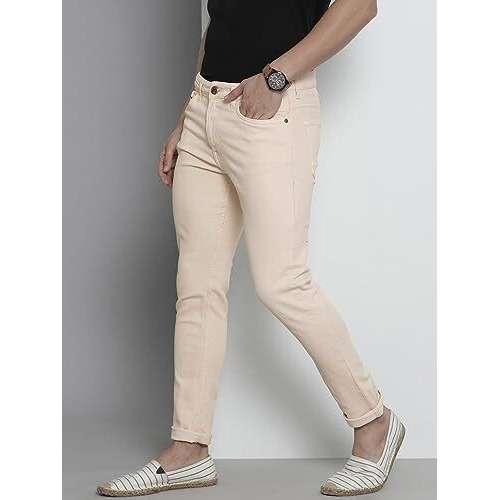 The Indian Garage Co Men Slim Fit Solid Mid-Rise Stretchable Jeans Beige
