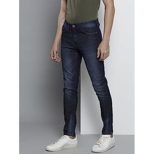 The Indian Garage Co Men Slim Fit Solid Mid Rise Stretchable Jeans Blue, 32