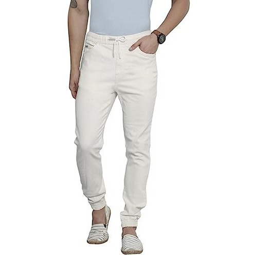 The Indian Garage Co Men Slim Fit Solid Mid Rise Stretchable Denim Joggers, White, 36