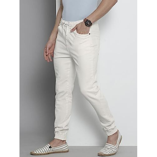 The Indian Garage Co Men Slim Fit Solid Mid Rise Stretchable Denim Joggers, White, 36