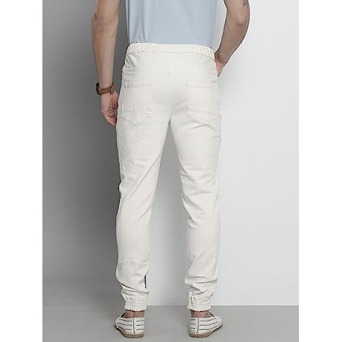The Indian Garage Co Men Slim Fit Solid Mid Rise Stretchable Denim Joggers, White, 36