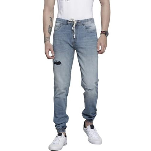 The Indian Garage Co Men Slim Fit Solid Mid-Rise Stretchable Denim Joggers