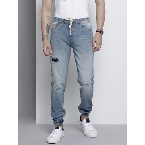 The Indian Garage Co Men Slim Fit Solid Mid-Rise Stretchable Denim Joggers