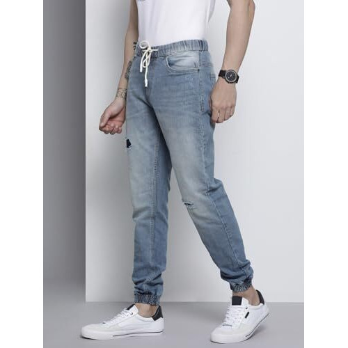 The Indian Garage Co Men Slim Fit Solid Mid-Rise Stretchable Denim Joggers