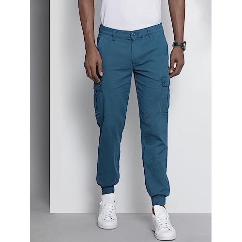 The Indian Garage Co Men Slim Fit Solid Mid-Rise Stretchable Cuffed Cargos
