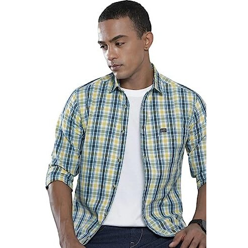 The Indian Garage Co Men's Regular Fit Shirt (0921-Sh116-12_Yellow / Royal Blue L)