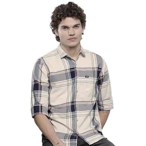 The Indian Garage Co Men's Checkered Slim Fit Shirt (1221-Sh151-01_Cream L)