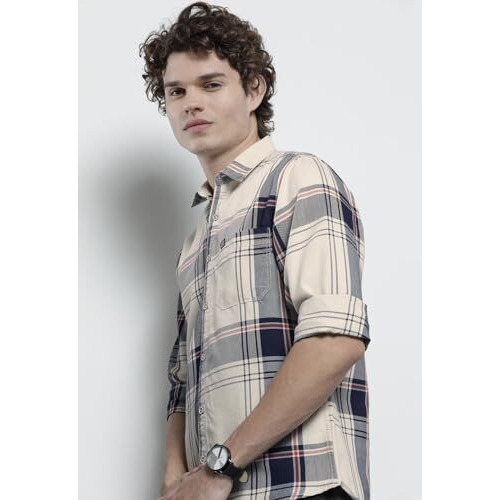 The Indian Garage Co Men's Checkered Slim Fit Shirt (1221-Sh151-01_Cream L)