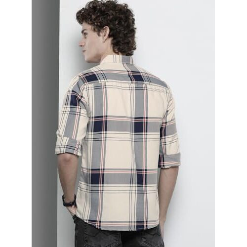 The Indian Garage Co Men's Checkered Slim Fit Shirt (1221-Sh151-01_Cream L)