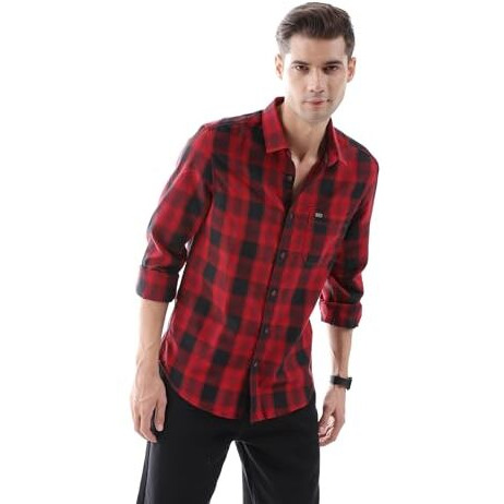 The Indian Garage Co Men's Slim Fit Shirt (1221-Sh151-22_Red & Black L)