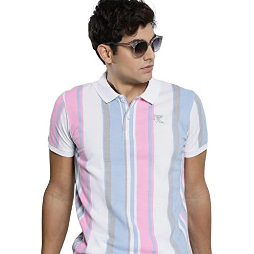 The Indian Garage Co Men Slim Fit Striped Polo Collar Tshirt Sky Blue