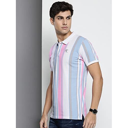 The Indian Garage Co Men Slim Fit Striped Polo Collar Tshirt Sky Blue