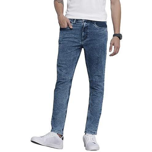 The Indian Garage Co Men Carrot Fit Solid Mid-Rise Stretchable Jeans Blue