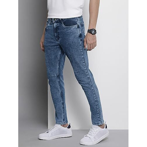 The Indian Garage Co Men Carrot Fit Solid Mid-Rise Stretchable Jeans Blue