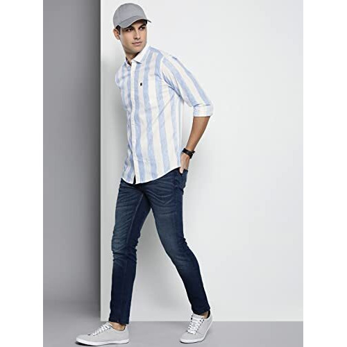 The Indian Garage Co Men's Striped Regular Fit Shirt (0722-Sh325-02_Blue L)