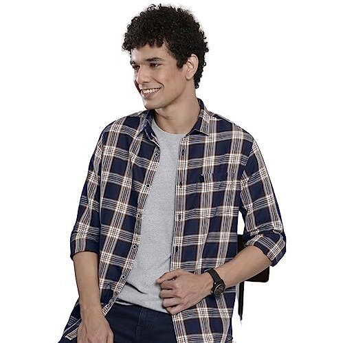 The Indian Garage Co Men's Slim Fit Shirt (0822-Sh360-01_Navy L)