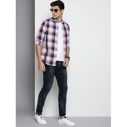 The Indian Garage Co Cotton Men's Checkered Slim Fit Shirt (0822-Sh369-01_White & Navy Large)