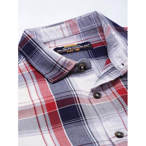 The Indian Garage Co Cotton Men's Checkered Slim Fit Shirt (0822-Sh369-01_White & Navy Large)