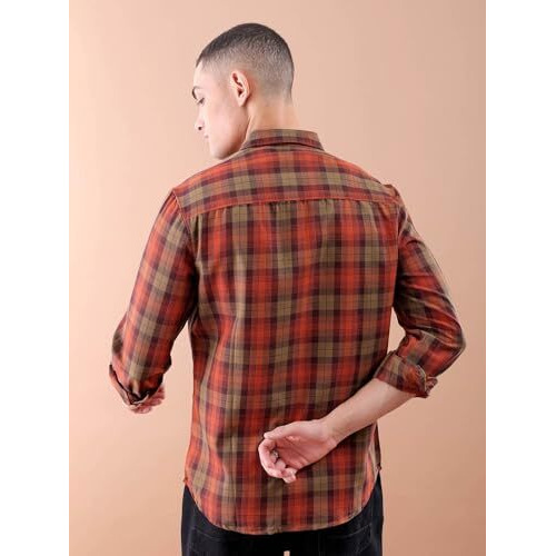 The Indian Garage Co Men's Checkered Slim Fit Shirt (0822-Sh385-01_Brick Red Xl)
