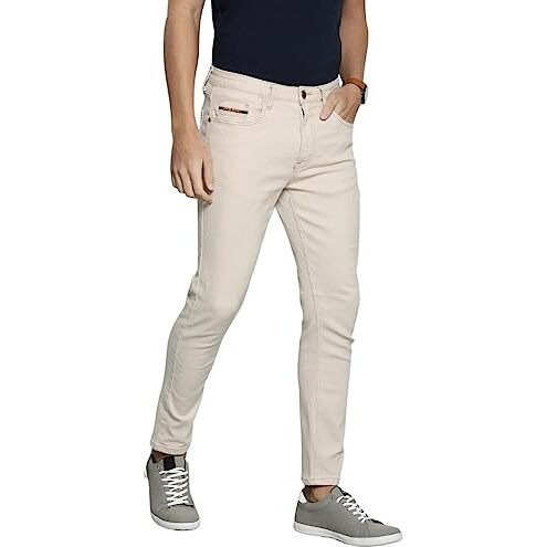 The Indian Garage Co Men Carrot Fit Solid Mid Rise Stretchable Jeans Off-White, 32