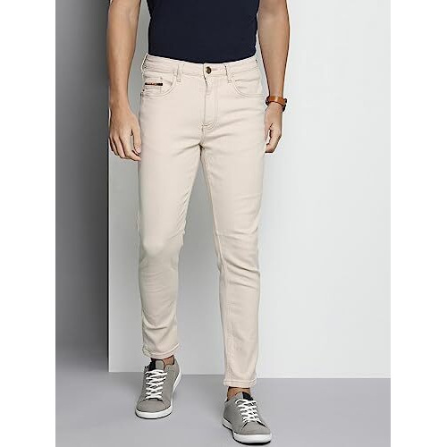 The Indian Garage Co Men Carrot Fit Solid Mid Rise Stretchable Jeans Off-White, 32