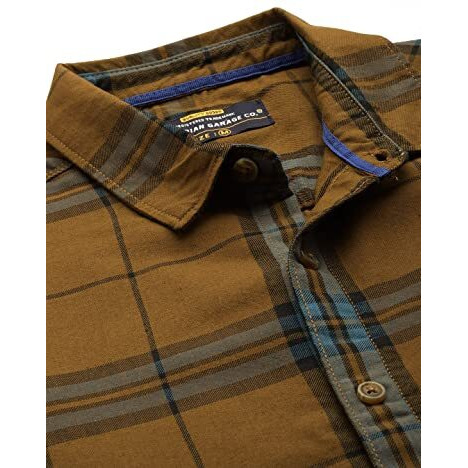 The Indian Garage Co Cotton Men's Checkered Slim Fit Shirt (1122-Shdctwyd-01-02_Beige L)