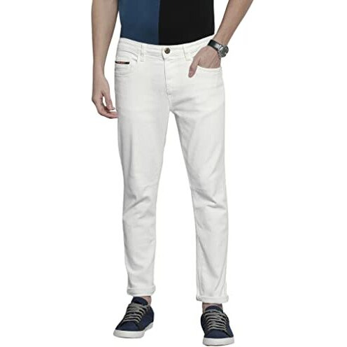 The Indian Garage Co Men Carrot Fit Solid Mid Rise Stretchable Jeans White, 32