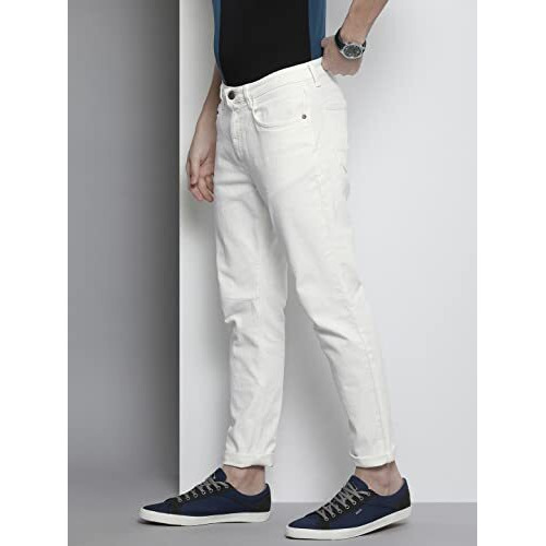 The Indian Garage Co Men Carrot Fit Solid Mid Rise Stretchable Jeans White, 32