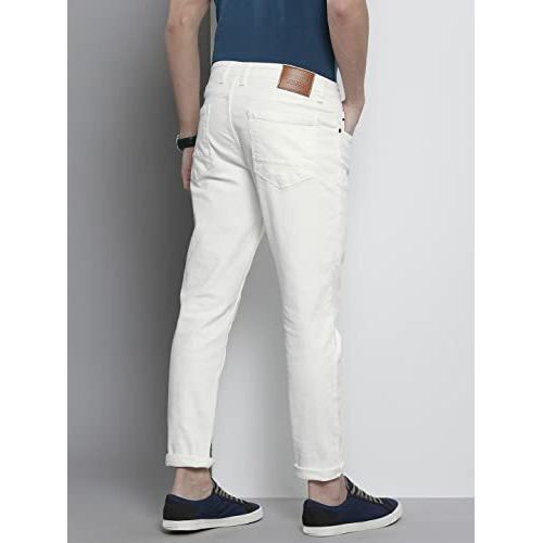 The Indian Garage Co Men Carrot Fit Solid Mid Rise Stretchable Jeans White, 32