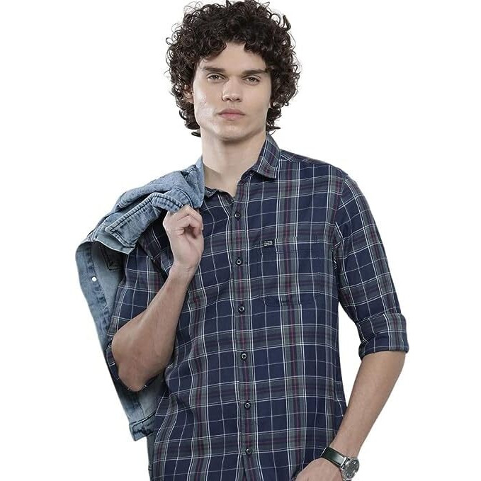 The Indian Garage Co Men's Cotton Checkered Slim Fit Shirt (1222-Shydch-02-02_Navy L)