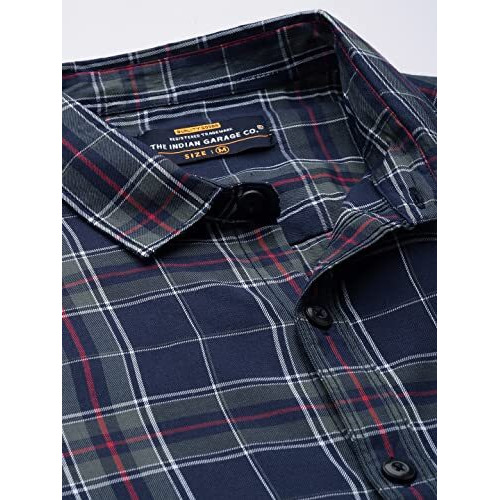 The Indian Garage Co Men's Cotton Checkered Slim Fit Shirt (1222-Shydch-02-02_Navy L)