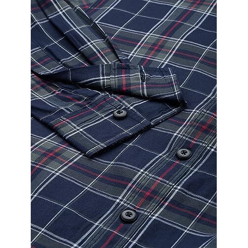 The Indian Garage Co Men's Cotton Checkered Slim Fit Shirt (1222-Shydch-02-02_Navy L)