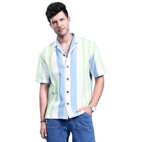 The Indian Garage Co Men's Striped Relaxed Fit Shirt (0123-Shwfrs-06-01_Cream L)