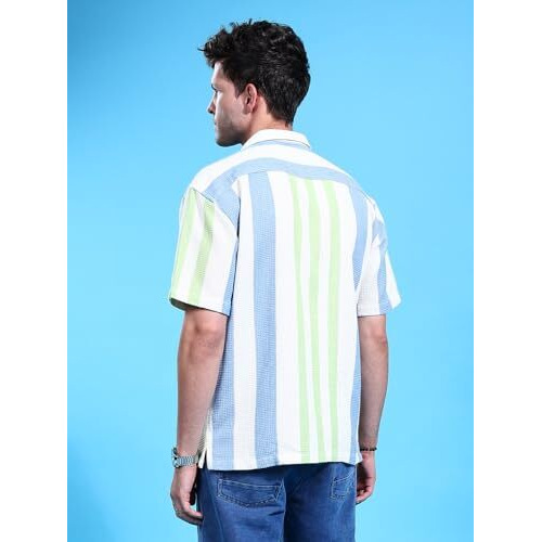 The Indian Garage Co Men's Striped Relaxed Fit Shirt (0123-Shwfrs-06-01_Cream L)