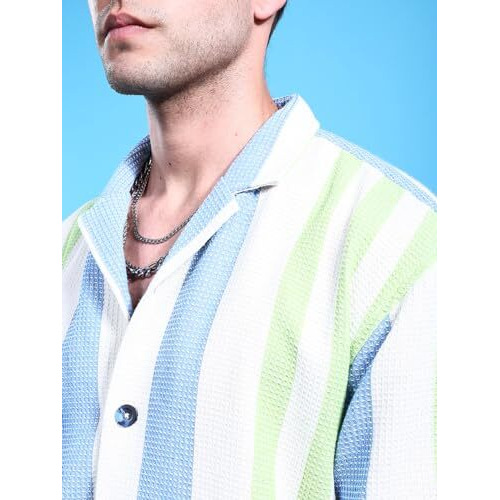 The Indian Garage Co Men's Striped Relaxed Fit Shirt (0123-Shwfrs-06-01_Cream L)