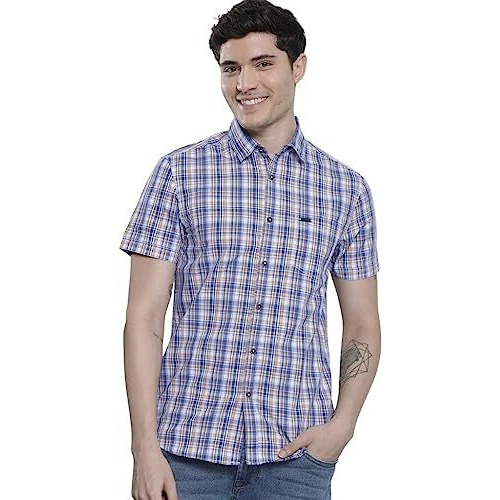 The Indian Garage Co Men's Checkered Slim Fit Shirt (0323-Shsmch-04-02_Blue M)