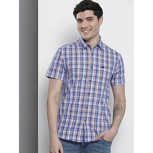 The Indian Garage Co Men's Checkered Slim Fit Shirt (0323-Shsmch-04-02_Blue M)