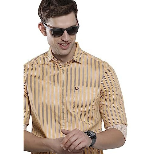 The Indian Garage Co Men's Cotton Striped Slim Fit Shirt (0523-Shppcs-01-01_Khaki S)
