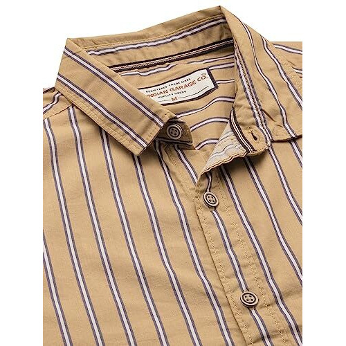 The Indian Garage Co Men's Cotton Striped Slim Fit Shirt (0523-Shppcs-01-01_Khaki S)