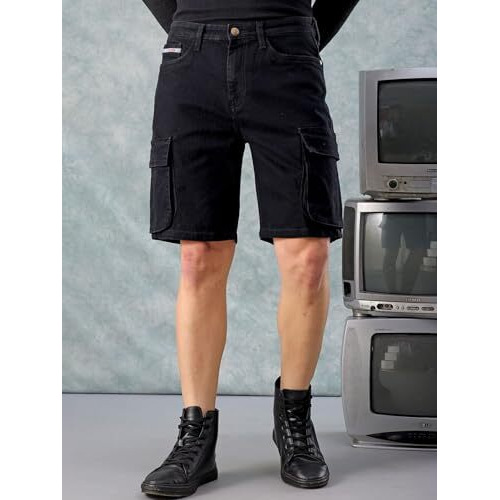 The Indian Garage Co Men G-505-Cargo Shorts Solid Mid-Rise Denim Cargo Shorts