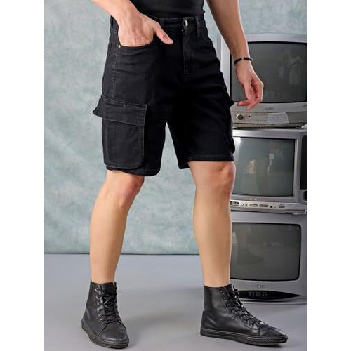 The Indian Garage Co Men G-505-Cargo Shorts Solid Mid-Rise Denim Cargo Shorts