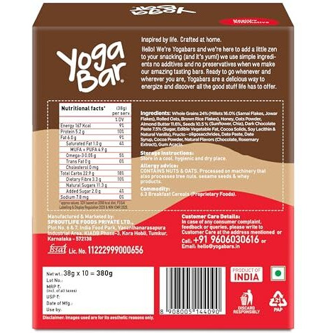 Yogabar Chocolate Chunk Multigrain-Energy Bars - Healthy Diet Snacks With Almonds, Oats And Millets, Gluten Free And High Protein Crunchy Nut Bar, Packed With Chia And Sunflower Seeds (38G*10 Bars)