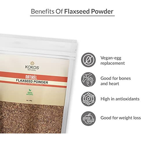 Kokos Natural Flax Seed Powder 400Gm | Gluten-Free & Rich In Dietary Fiber & Omega 3 | Fats For Improved Health, Digestion & Weight Loss | Vegan | Egg Substitute In Baking Recipes | Pack Of 1