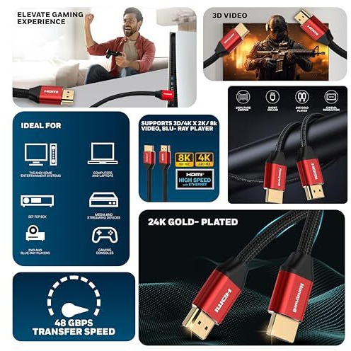 Honeywell Hdmi Cable 2.1 With Ethernet, 8K@60Hz, 4K@120Hz Uhd Resolution, (9.8Ft/3M), 48 Gbps Transmission Ultra High Speed, Dolby Dts, Earc, 3D,Male-To-Male,Compatible With All Hdmi-Enabled Devices