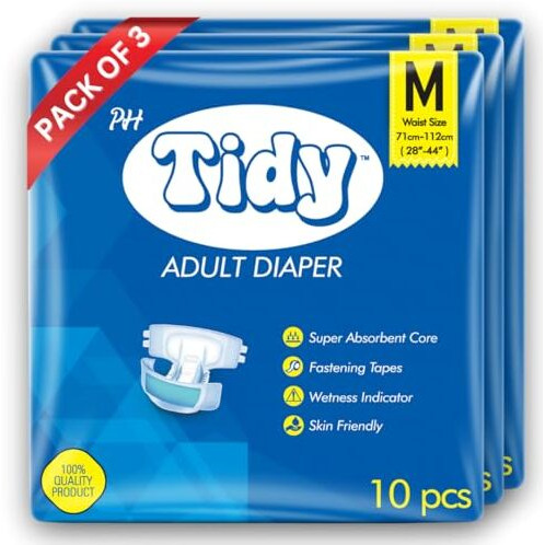 Ph Tidy Tape Style Super Absorbent | Unisex | Waist Size (28-44 Inches) Adult Diaper - M (30 Pieces)